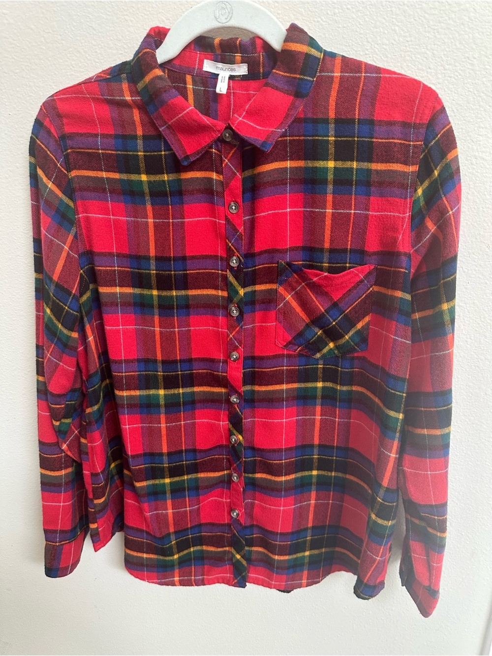 Maurices Plaid Flannel Shirt L Red Multicolor Button Front Fall